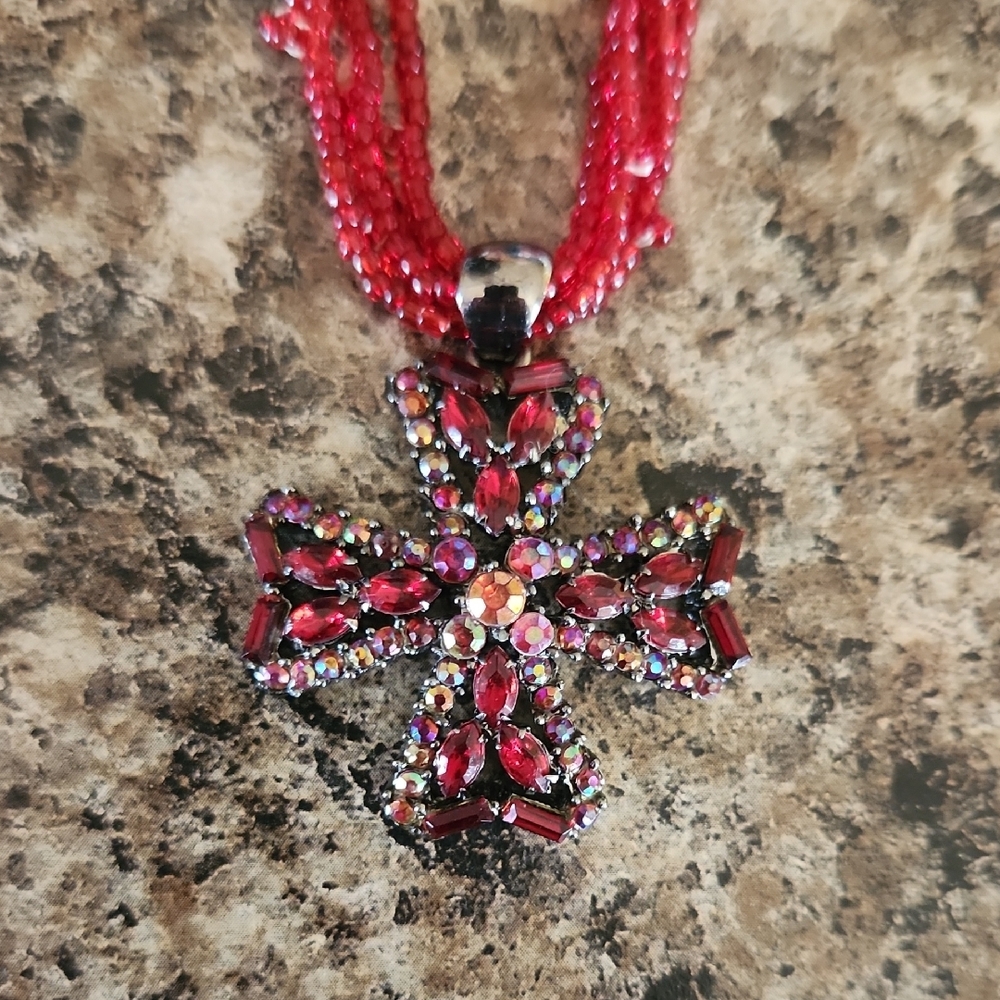 Gorgeous Beaded Multi-Strand Necklace with Cross Pendant - Picture 5 of 7